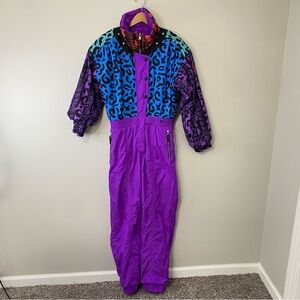 Obermeyer Ski Suit Reversible Purple Cheetah Print Vintage 80’s Skiing Size 14
